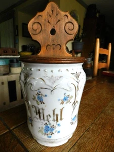 Antique Porcelain Hinged Wood Top Mehl Flour Jar Container Blue White Germany - Picture 1 of 8