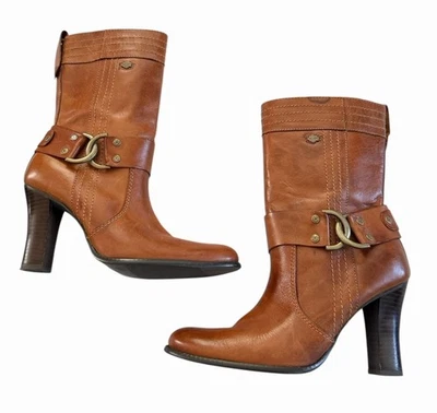 Botín de motociclista Harley Davison de cuero de tacón alto Y2K marrón Foto 1 de 4