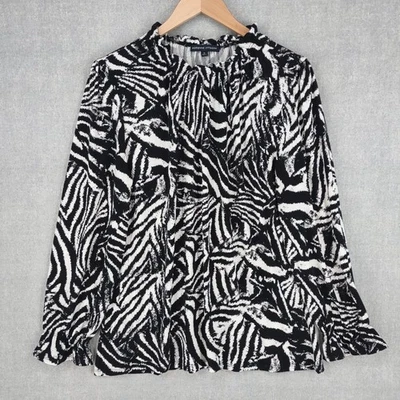 Blusa Adrienne Vittadini Mujer XL Abstracta Cebra Sedosa Manga Larga Volantes Top Foto 1 de 4