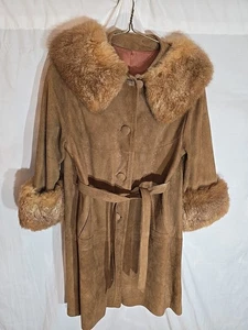 Trench cappotto donna anni 70 marrone scamosciato con cintura CALDO pelliccia sintetica taglia 12 - Foto 1 di 6