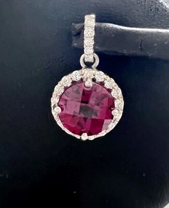 18K White Gold Natural Solitaire 2.22CT Round Pink Tourmaline G Diamond Pendant - Picture 1 of 12