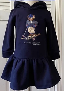 NWT, Girls Ralph Lauren Navy Hooded Sweatshirt Polo Bear Dress. Size 5 - Picture 1 of 1