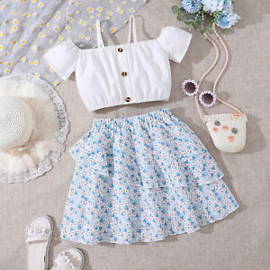 Summer Kids Girls Short Sleeve Tops Flower Skirt 2PCS Outfits Clothes Set