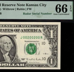 1995 $1 Federal Reserve Note PMG 66EPQ - Radar Serial Number 00200200 - Picture 1 of 3