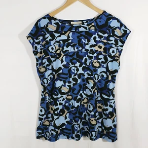 Dana Buchman Women's Size M Top Blue Black Tan Print Sleeveless Boat Neck EUC - Picture 1 of 7