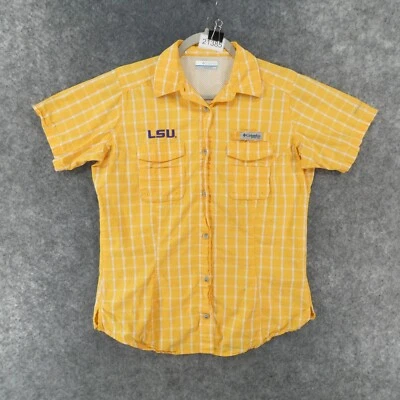 LSU Tigers Columbia 衬衫女式中号金色黄色 PFG 格子带刺绣标志 — 第 1/4 张图片