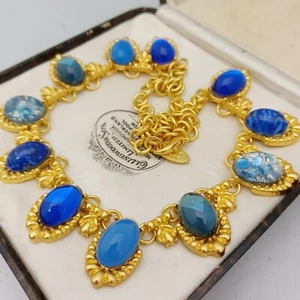 Vintage Various Shades of Blue Glass Cabochons Brushed Gold Collar Necklace - Picture 1 of 3