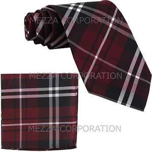 New Men's Vesuvio Napoli plaid checkered Neck Tie Necktie & hankie set burgundy - Picture 1 of 3