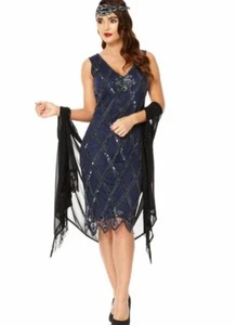 Vestido sin mangas GatsbyLady Liz inspirado en los años 20 Art Deco azul marino aleta lentejuelas cuentas 8 - Imagen 1 de 4