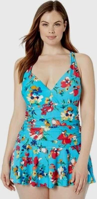 Traje de baño de una pieza con falda floral primavera ajuste adelgazante Chaps $100 22W  Foto 1 de 4