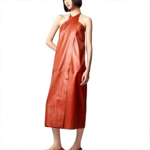 Women's  Genuine Leather Dress, Halter Neck Party Club Maxi Leather Gown Spring - Picture 1 of 7