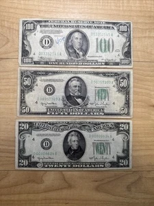 1934 D 100 Dollar, 1950 D 50 Dollar, 1950 D Dollar Bills Federal Reserve Notes! - Picture 1 of 8