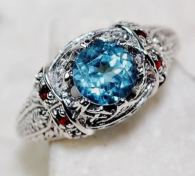 Anillo Art Deco de Plata de Ley 925 Aguamarina Natural y Granate de 1 quilate Talla 6 F6-4 Foto 1 de 3