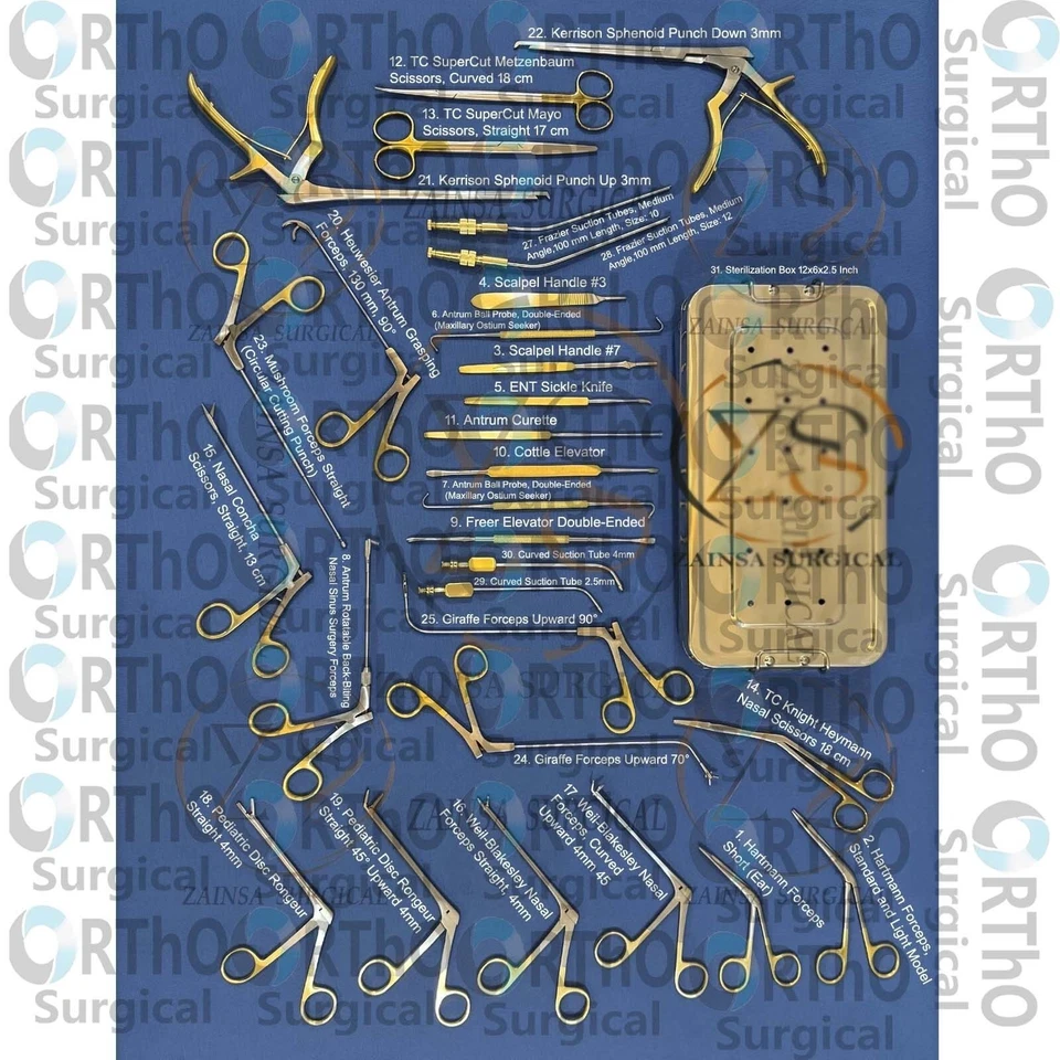 Conjunto de instrumentos Fess cirurgia sinusal endoscópica A+ aço alemão instrumentos otorrinolaringológicos Se - Imagem 1 de 2