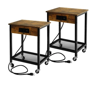 TC-HOMENY Mobile Side End Table Set of 2 with Charging Station Nightstand 2PCS - Picture 1 of 14