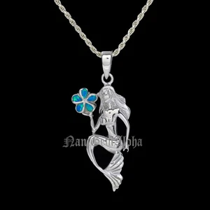 Joyería hawaiana 925 plata esterlina rodio sirena plumeria flor ópalo colgante - Imagen 1 de 4