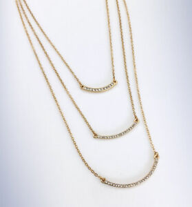 CANVAS Jewelry Gold-Tone Triple Layer Crystal Pave Curved Bar Charm Necklace