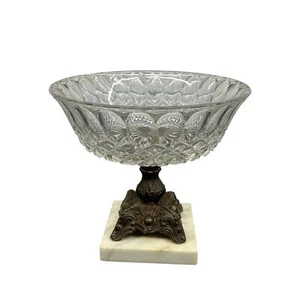 Vtg Hollywood Regency 8" Crystal Bowl Brass Pedestal Carrara Marble Base Italy - Picture 1 of 10