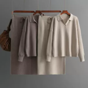 Womens Knitted Knitwear Long Sleeve Pullover 2pcs Sets Pencil Skirt Sweaters New - Picture 1 of 30