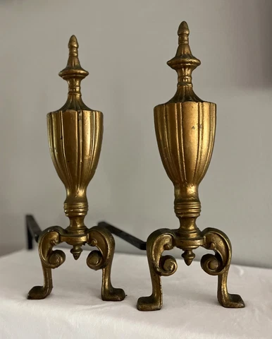 Vintage MCM United Mfg Brass & Cast Iron Andirons (Set) 16 1/4” Tall Cover