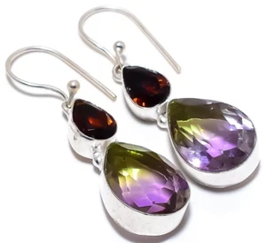 Ametrine, Topaz Gemstone 925 Sterling Silver Handmade Jewelry Earrings 1.90" - Picture 1 of 7