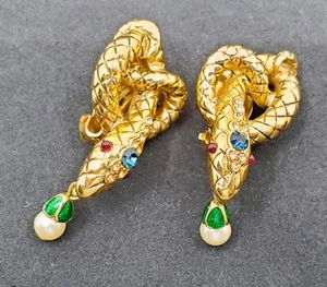 Ralph Lauren 1980 Gold Red Eyed Coiled Jeweled Snake Faux Pearl Clip On Earrings - Picture 1 of 17