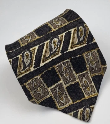 Gravata de seda Adolfo preta dourada marrom branca geométrica masculina curta EUA 55 x 4 - Imagem 1 de 4