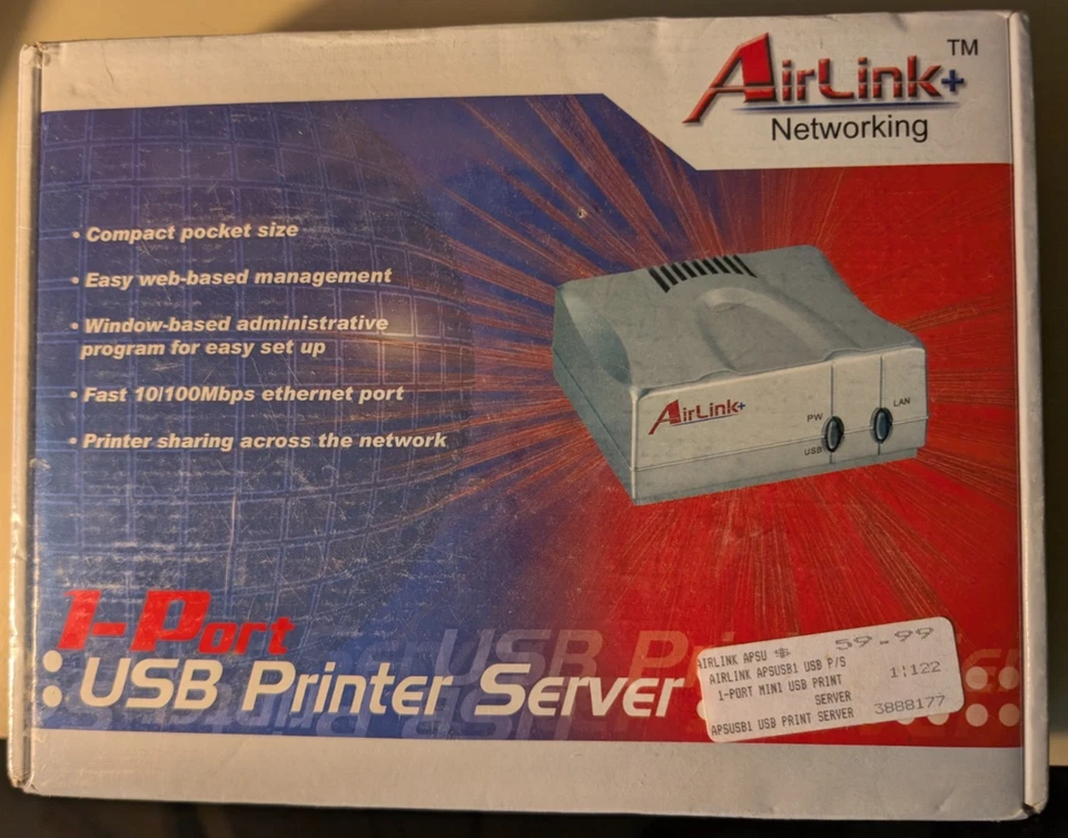 AIRLINKPLUS NETWORKING 1 PORT USB PRINTER SERVER APSUSB1  UPC:658729087002 - Image 1 of 2