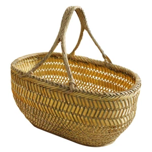 Bamboo Shopping Basket Small with Handle Round Woven Storage Bin - Picture 1 of 12