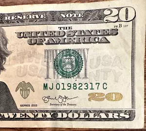 March 17, 1982: MJ 01982317 C $20 Bill Fancy Serial Number Birthday/Anniversary - Picture 1 of 3