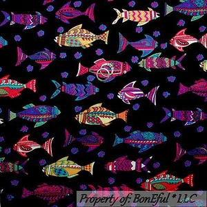 BonEful Fabric FQ Cotton Quilt Black Gold FISH Pink Blue Red White Flower Garden - Picture 1 of 8