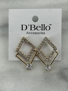 D' Bello Gold Tone Double Triangular Earrings Clear Rhinestones 1 inch Drop - Picture 1 of 4