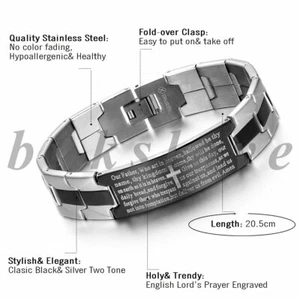 Men's Stainless Steel Christ Cross Bible Lords Prayer Bracelet Chain Wristband - Picture 1 of 4