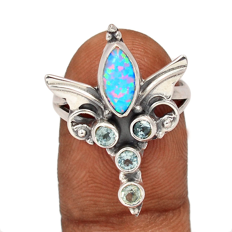 Angel Wing - Lab Grown Fire Opal & Blue Topaz 925 Silver Ring s.8 CR62399 - Image 1 of 1