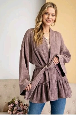 EASEL Cardigan Kimono Top Large Faded Purple Belted Ruffle Boho Waffle-Knit New - Image 1 of 4