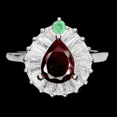 925 Sterling Silver Ring Pear Ruby 8x6mm Emerald Natural Gemstone Jewelry Size 7 - Image 1 of 4