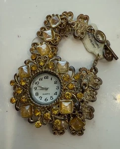  Reloj Pulsera Cuarzo Adornado Vintage Tono Dorado Estrás Amarillo Japón Movt - Imagen 1 de 3