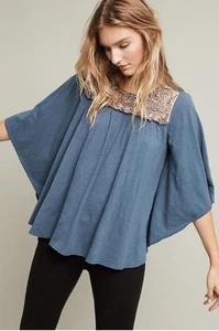 Anthropologie Deletta Josephine Embellished Top Blouse Sz Med Blue New Tag $128 - Picture 1 of 6
