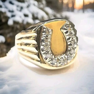 Lucky 10K Yellow Gold 1/4ctw Diamond Horseshoe Signet Ring Sz 10 Equestrian Band - Picture 1 of 11