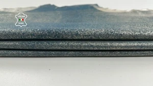 METALLIC PLATINUM DISTRESSED on BLUE vintage Lamb leather skin 0.8mm 7sqf #C3649 - Picture 1 of 7