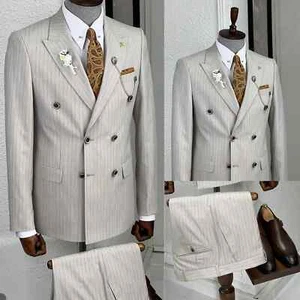 Pinstriped Wedding Suits For Men Peaked Lapel Double Breasted Groom Wear 2 Pcs - Picture 1 of 13