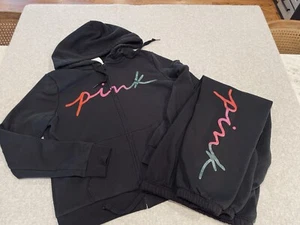Victoria's Secret Pink Ombre Glitter Rainbow Logo Hoodie & Pants MEDIUM - Picture 1 of 13