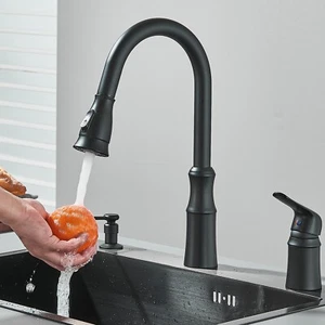 Matte Black Pull Down Kitchen Sink Faucet 2Hole Mixer Faucet with soap dispenser - Picture 1 of 14