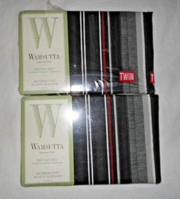 WAMSUTTA BAY STREET BLACK RED & WHITE STRIPE (2) TWIN/TWIN XL FLAT SHEETS 66X96  - Image 1 of 4