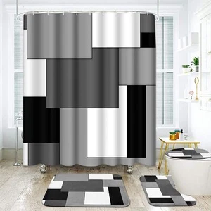 Geometric Gray Bathroom Set with Shower Curtain and Rugs Accessories Black an... - Picture 1 of 8