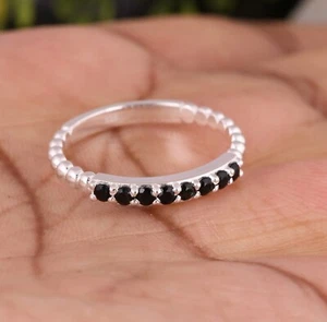 Natural Black Onyx 925 Silver Cluster Rope Ring, Pave Half Eternity Wedding Ring - Picture 1 of 8