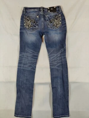Miss Me Jean 女孩 14 紧身 Fleur De Lis 装饰弹力西部牛仔蓝色 — 第 1/4 张图片