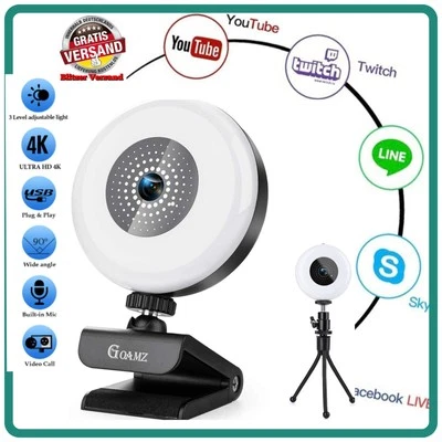 Webcam 2K Full HD für PC mit Mikrofon, Autofokus-Webcam mit Licht. - Bild 1 von 4