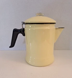 Vintage French Country Yellow Enamelwarel Drip Coffee Pot 4 Pc 8" Tall w/ basket - Picture 1 of 11