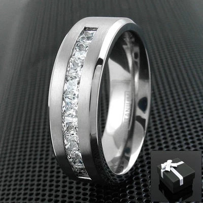 Titanium Men's 1.8 Carat Princess Cut CZ Brushed Center Wedding Band Ring - Image 1 of 4